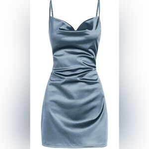 Blue Mini Silk Cowl Neck Cocktail Dress